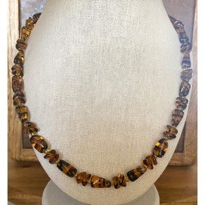 Glass Brown Black Stripe Faux Tigers Eye Beaded Necklace 10”